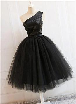 Picture of Black Color Tulle One Shoulder Elegant Tea Length Party Dresses, Black Color Formal Dresses